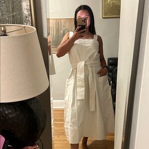 Everlane Cream/white Midi Dress with Belt. Organic cotton Herringbone dress